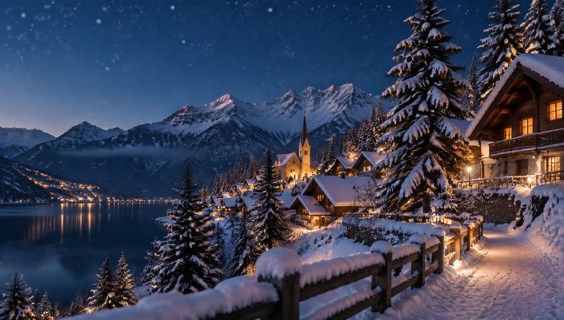 Snowy alpine village glowing at dusk